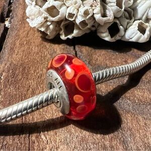 Authentic Pandora Charm Red Bubbles Murano Crimson Glass Bead Dotted Orange
